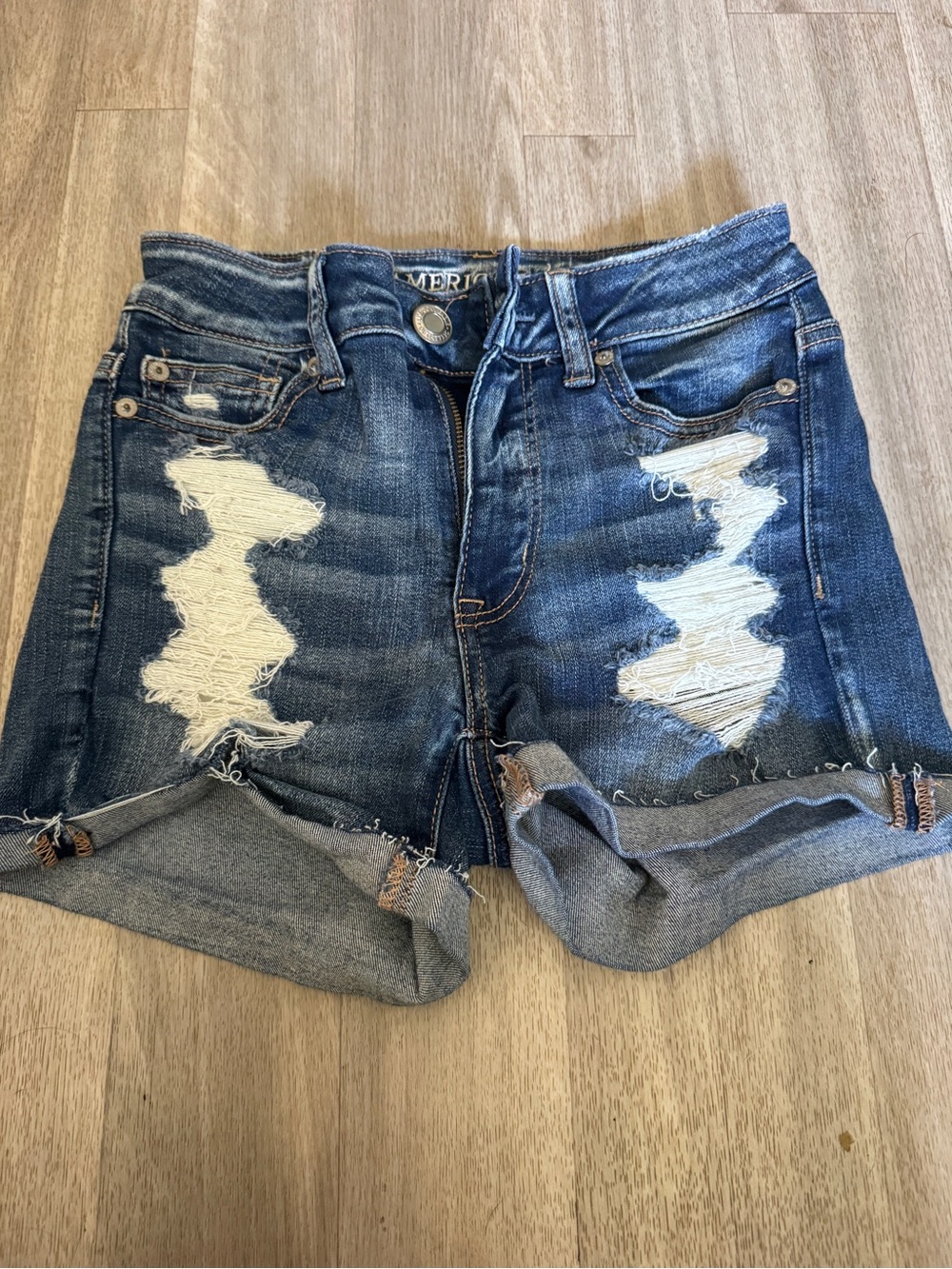 American Eagle Outfitters Distressed Dark Blue Roll-Cuff Jean Shorts